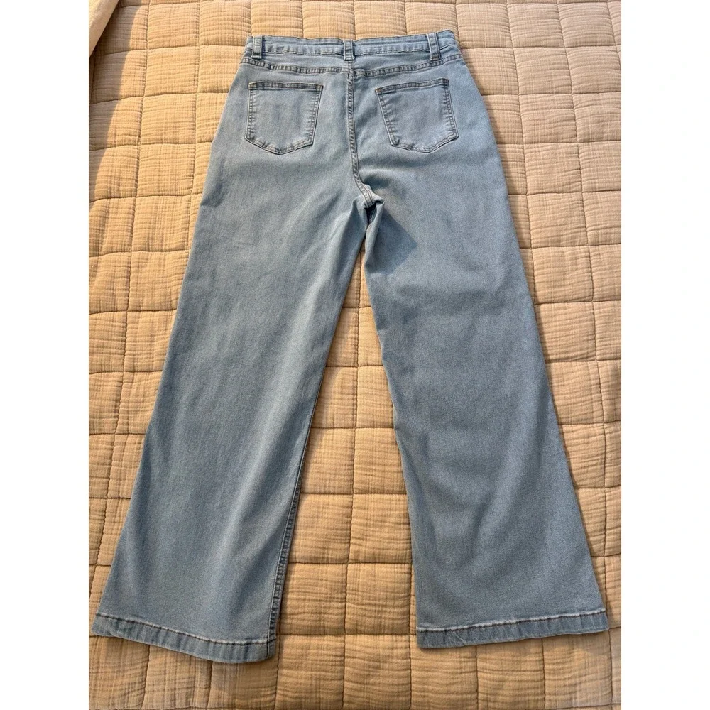 Unbranded Jeans Women XL Blue Wide Leg High Rise Front Patch Pockets Stretch